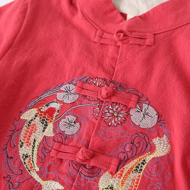 Red Embroidered Hanfu Shirt for Boys Girls Cotton Linen Spring Autumn - Image 6