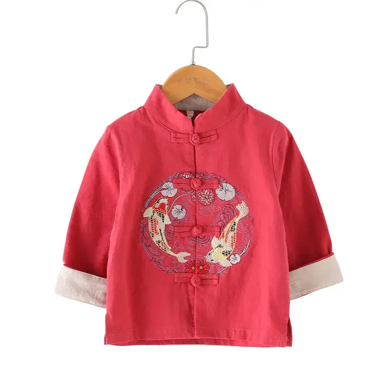 Red Embroidered Hanfu Shirt for Boys Girls Cotton Linen Spring Autumn - Image 7