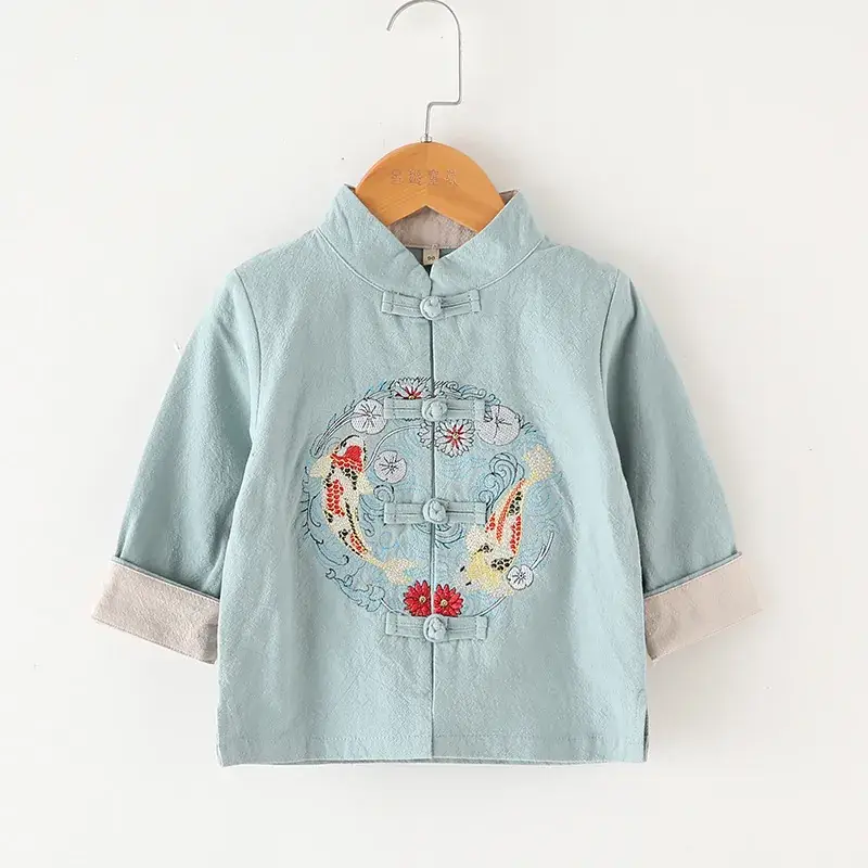 Red Embroidered Hanfu Shirt for Boys Girls Cotton Linen Spring Autumn - Image 2
