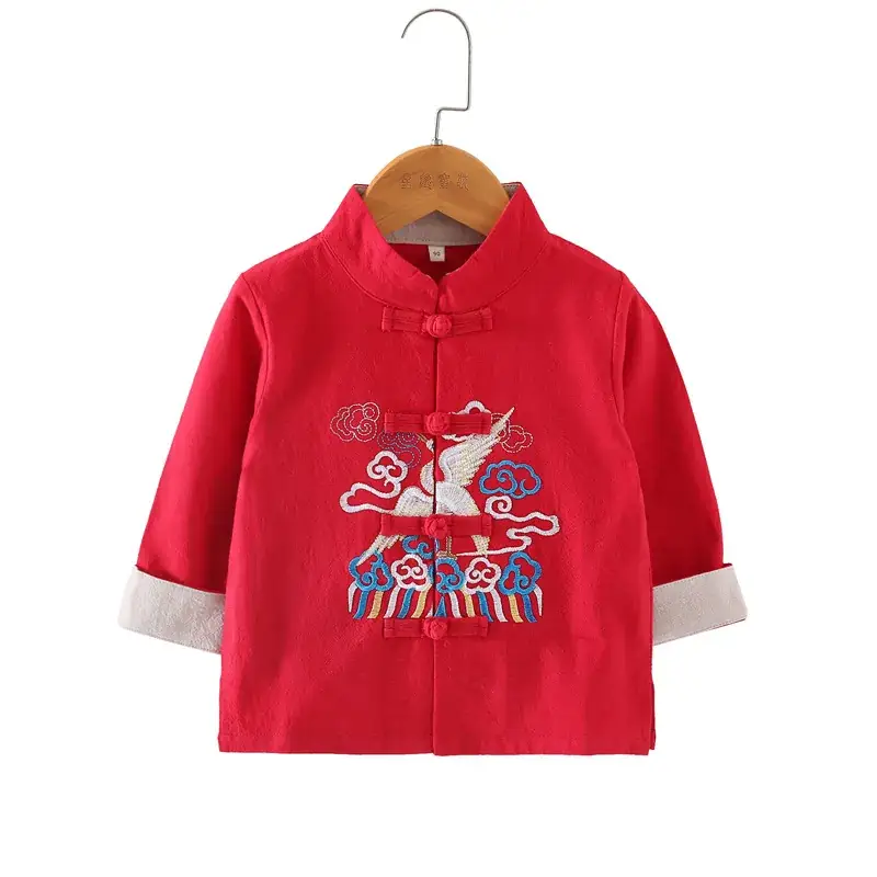 Red Embroidered Hanfu Shirt for Boys Girls Cotton Linen Spring Autumn - Image 3