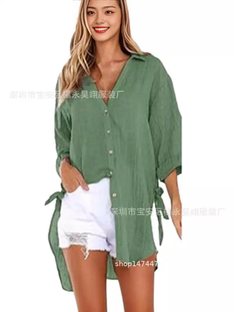 Green Lace-Up Button Asymmetrical Women's Shirt - Image 14