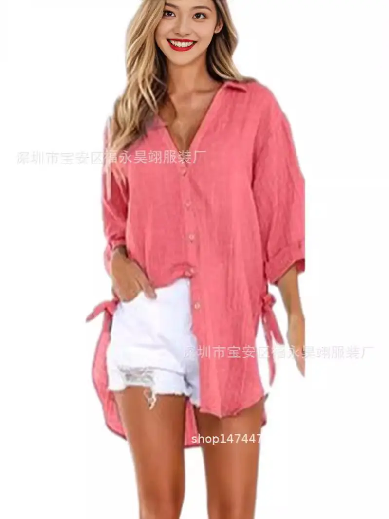 Green Lace-Up Button Asymmetrical Women's Shirt - Image 15
