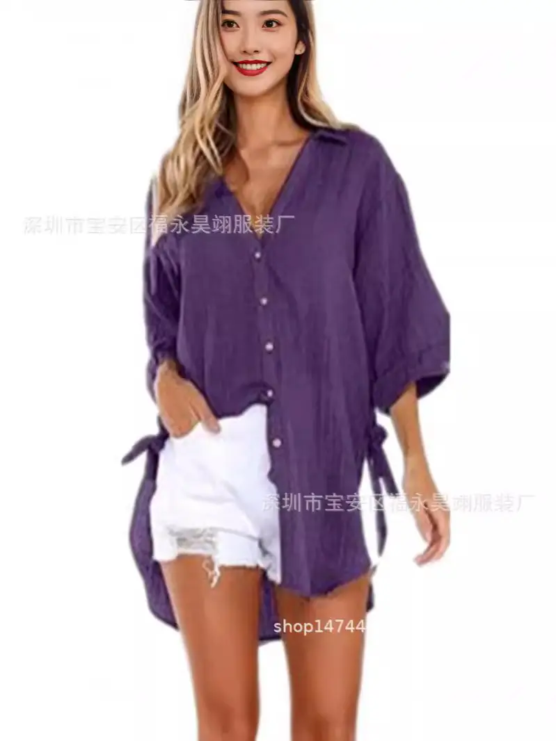 Green Lace-Up Button Asymmetrical Women's Shirt - Image 16