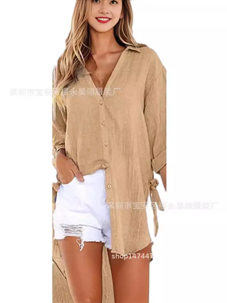 Green Lace-Up Button Asymmetrical Women's Shirt - Image 17