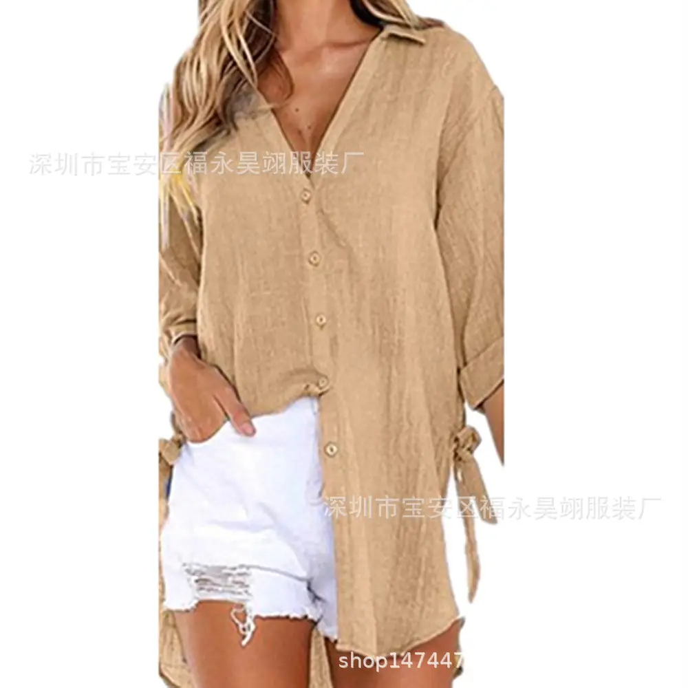 Green Lace-Up Button Asymmetrical Women's Shirt - Image 11
