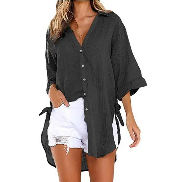 Green Lace-Up Button Asymmetrical Women's Shirt - Image 2