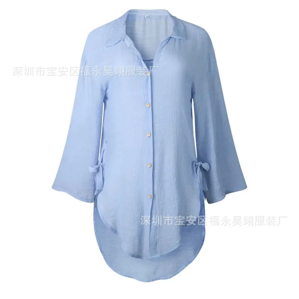 Green Lace-Up Button Asymmetrical Women's Shirt - Image 9