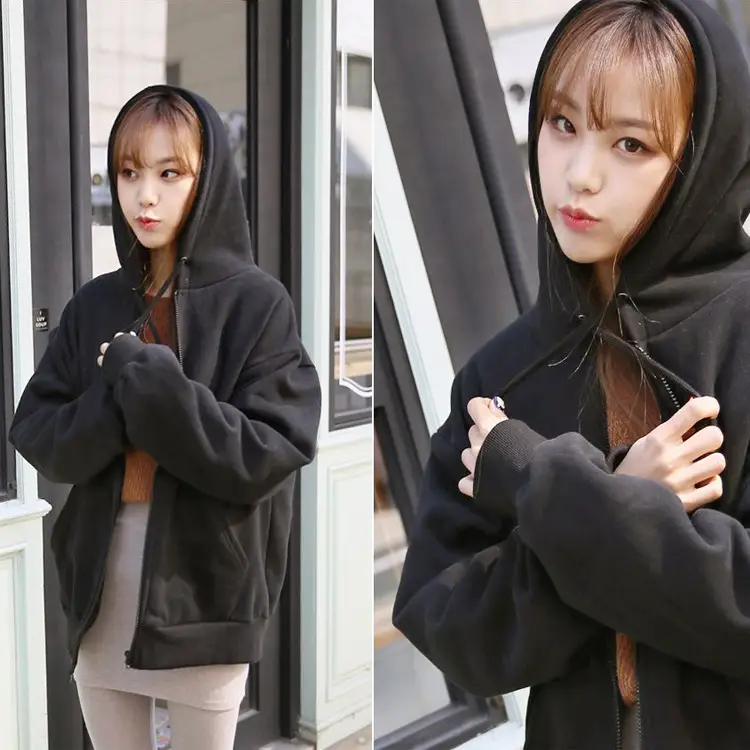 Women Fleece Lined Hooded Jacket Grey Plus Size - Image 2