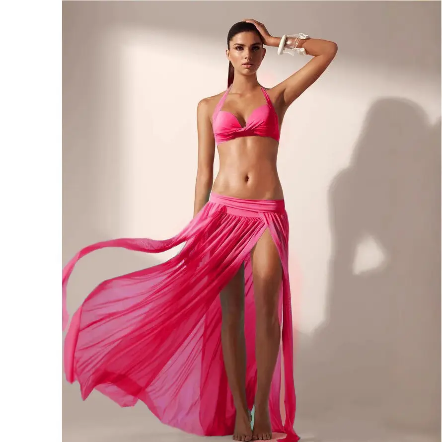 Pink Mesh Swim Skirt Set with High Slit Design - Image 4