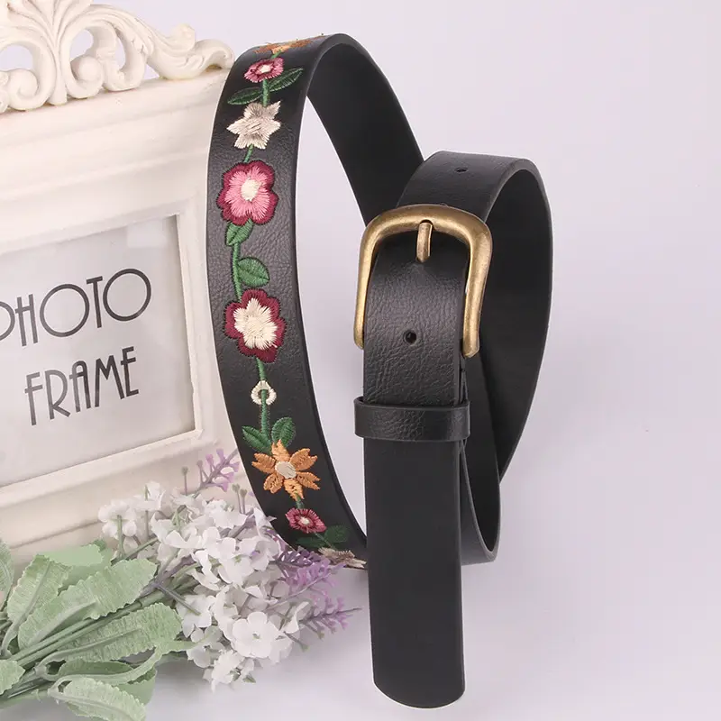 New Embroidered Flower Belt for Women Black Gold Buckle