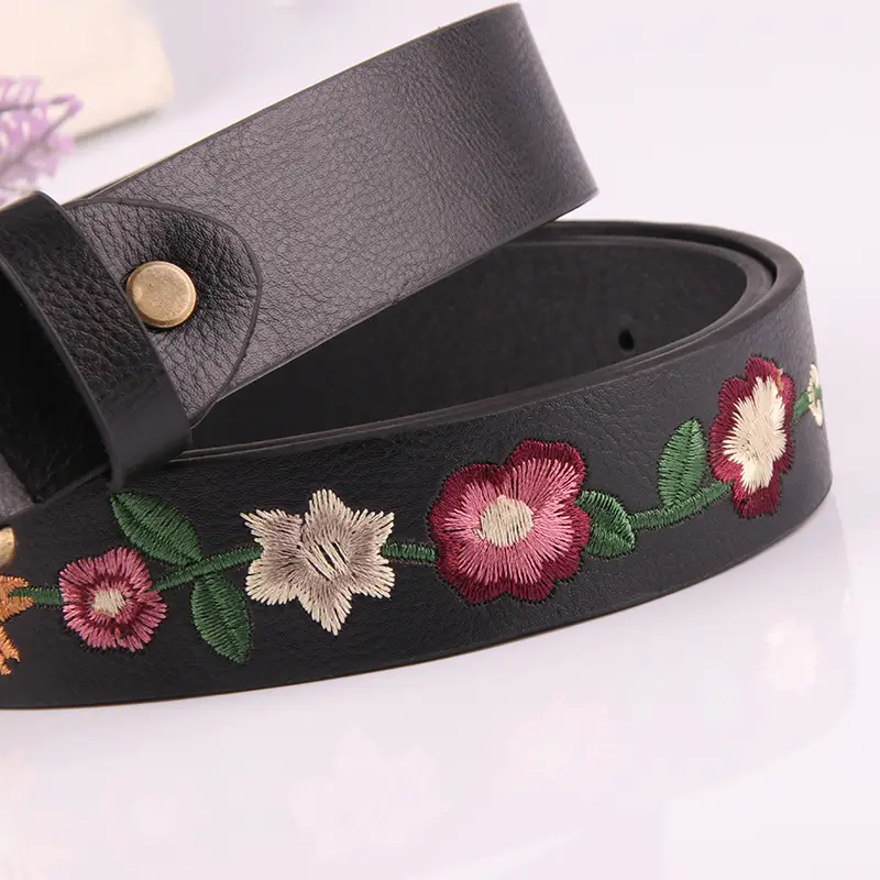 New Embroidered Flower Belt for Women Black Gold Buckle