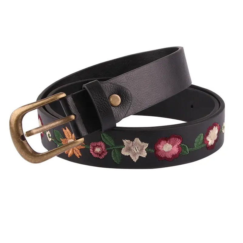 New Embroidered Flower Belt for Women Black Gold Buckle