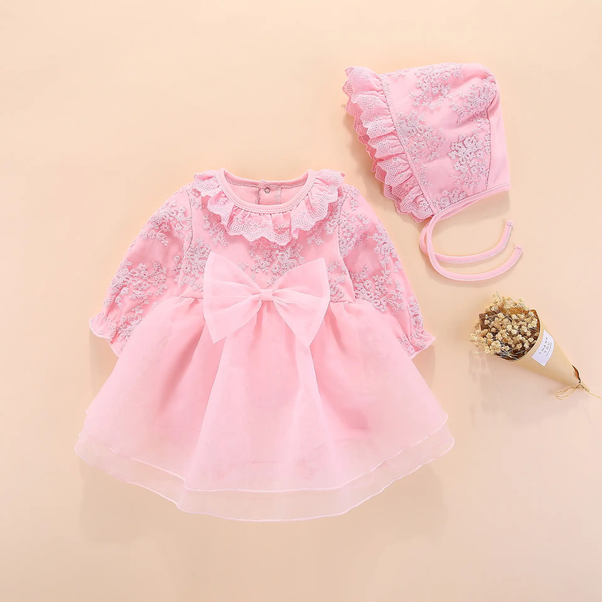 Pink Big Bow Long Sleeve Dress