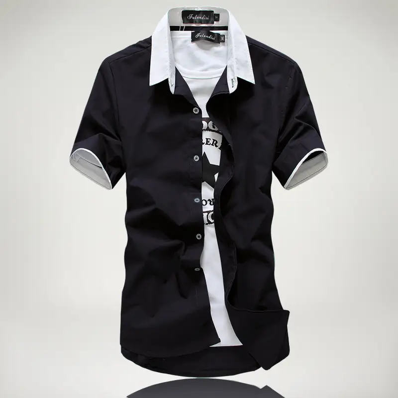 Black Korean Style Teenager Slim Fit Summer Shirt with White Contrast Straps - Image 2