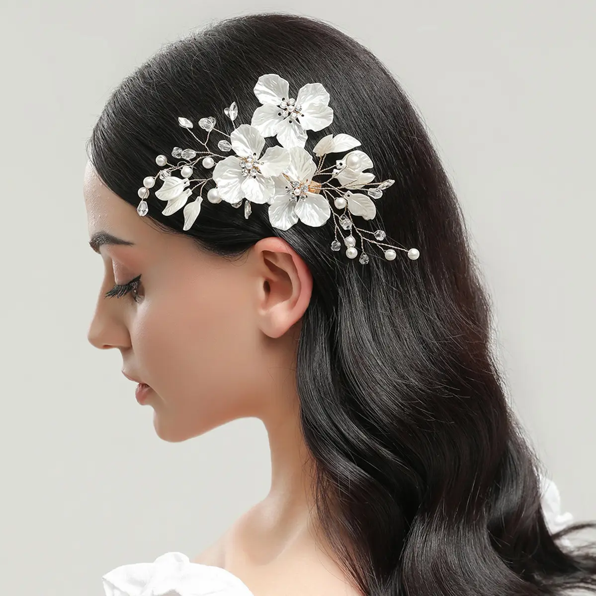 White Shell Petal Hairpin with Pearl & Crystal Accents - Image 7