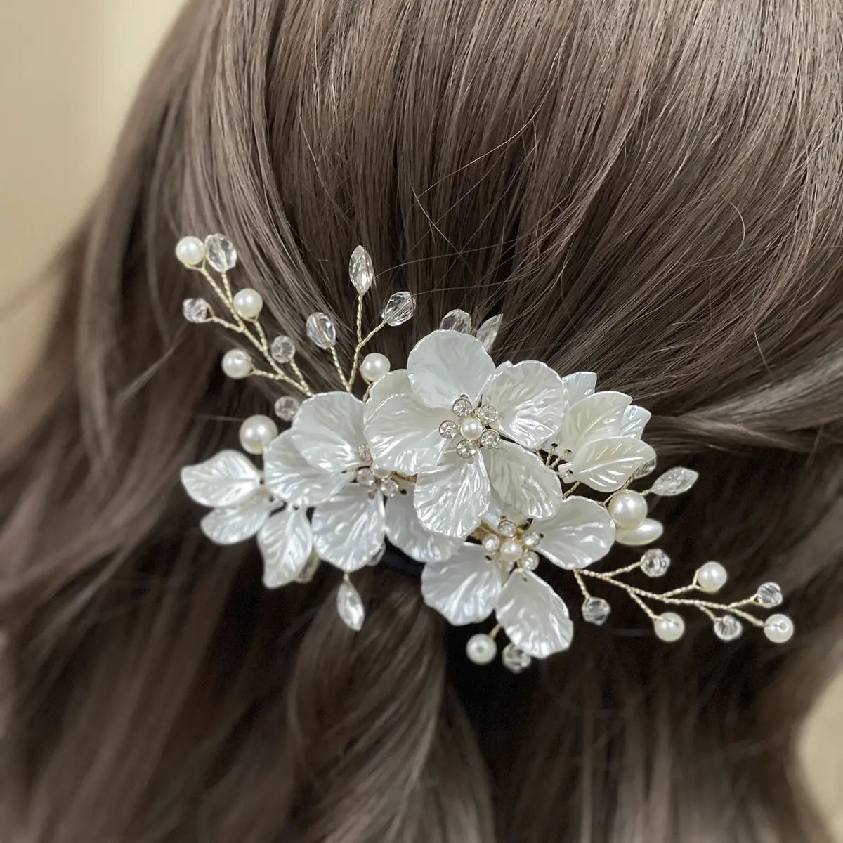 White Shell Petal Hairpin with Pearl & Crystal Accents - Image 2