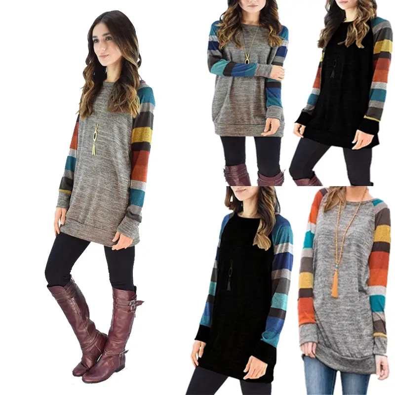 Women's 2023 Striped T-Shirt Top Grey Black Long Sleeve - Image 6