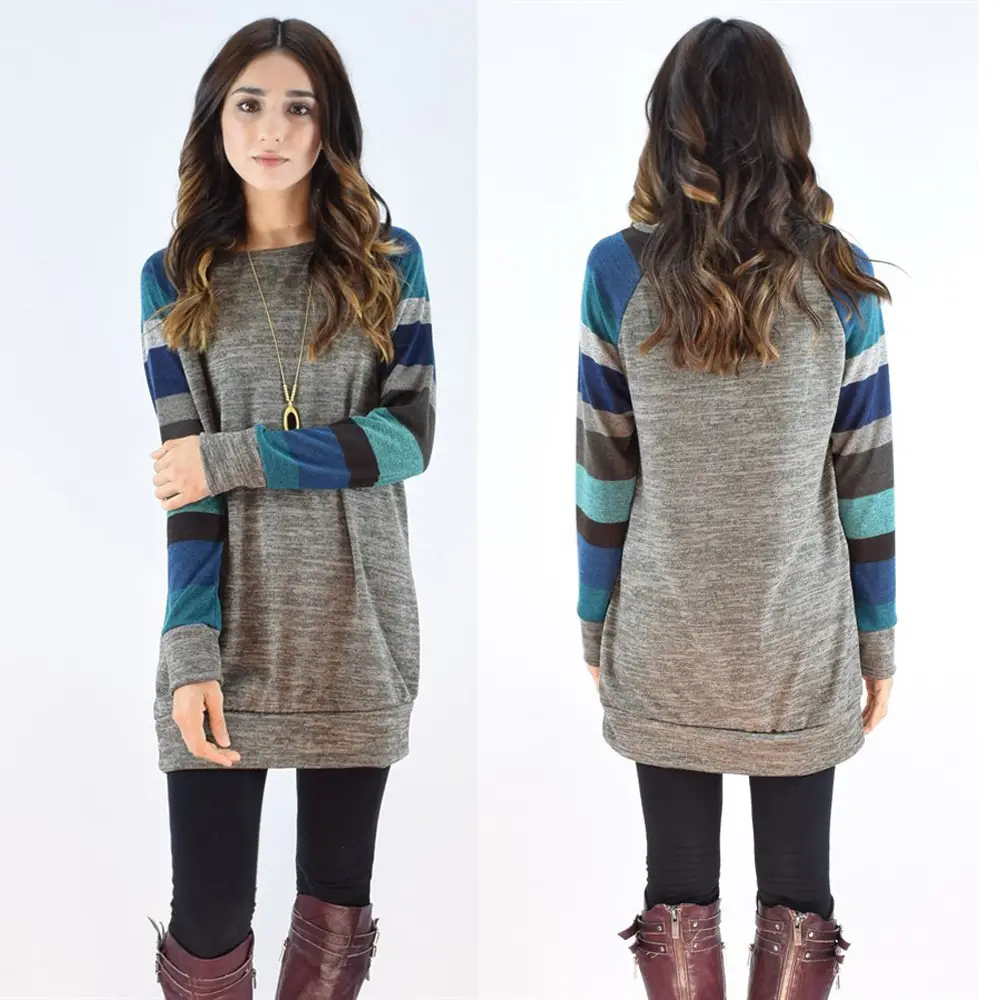 Women's 2023 Striped T-Shirt Top Grey Black Long Sleeve - Image 8