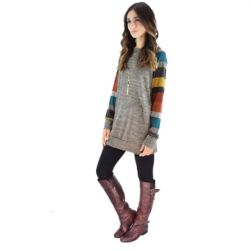Women's 2023 Striped T-Shirt Top Grey Black Long Sleeve - Image 10