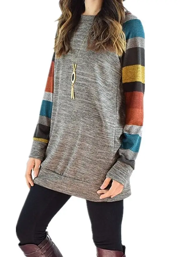 Women's 2023 Striped T-Shirt Top Grey Black Long Sleeve - Image 2