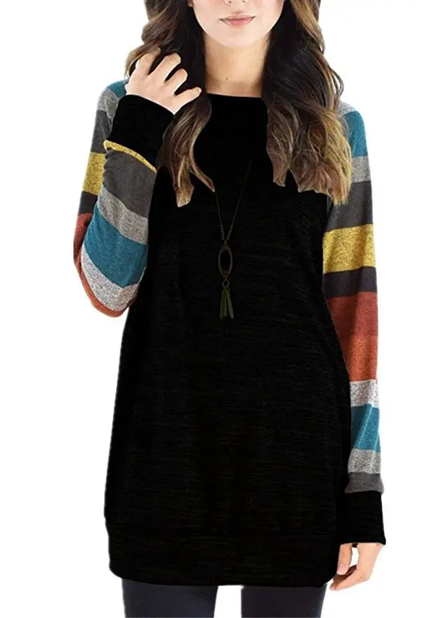 Women's 2023 Striped T-Shirt Top Grey Black Long Sleeve - Image 3