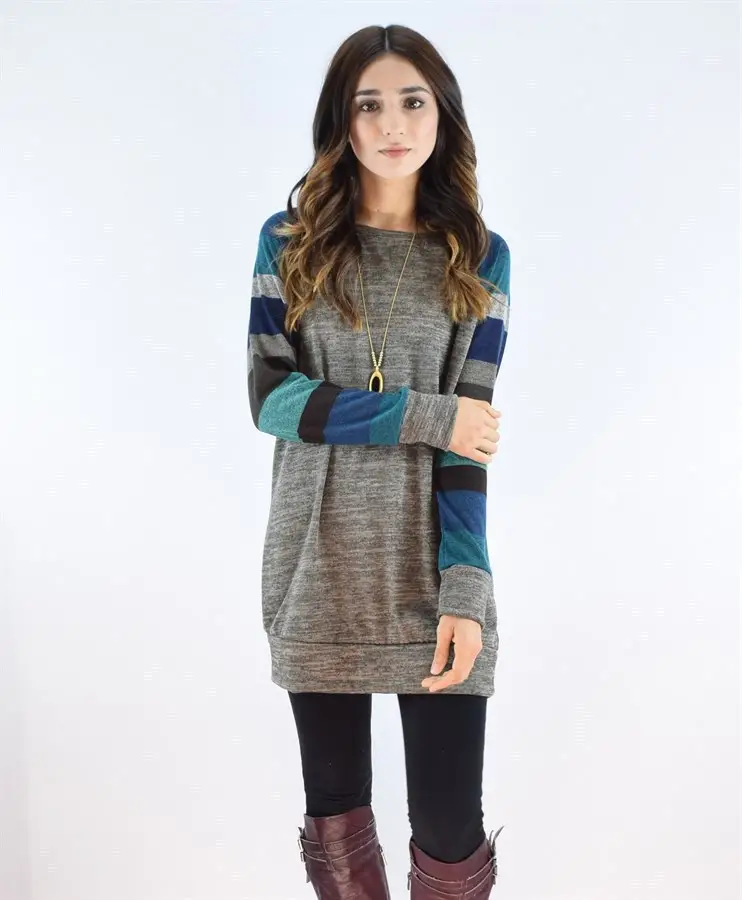 Women's 2023 Striped T-Shirt Top Grey Black Long Sleeve - Image 5