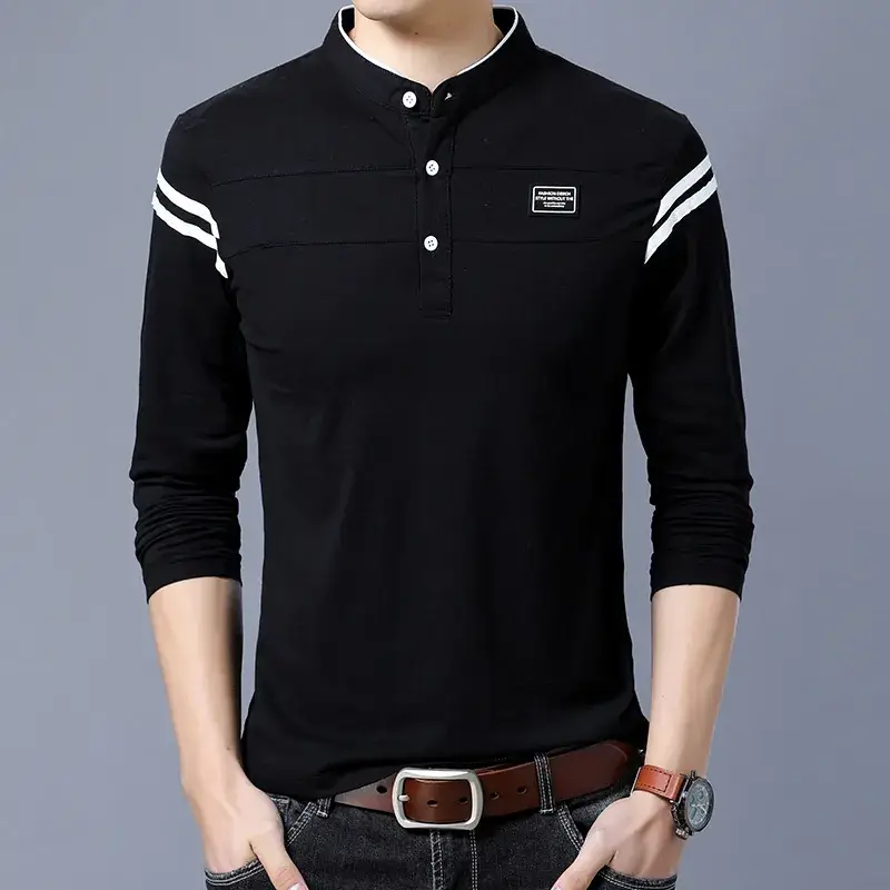 Men's Black Collar T-Shirt with White Stripes - Image 4