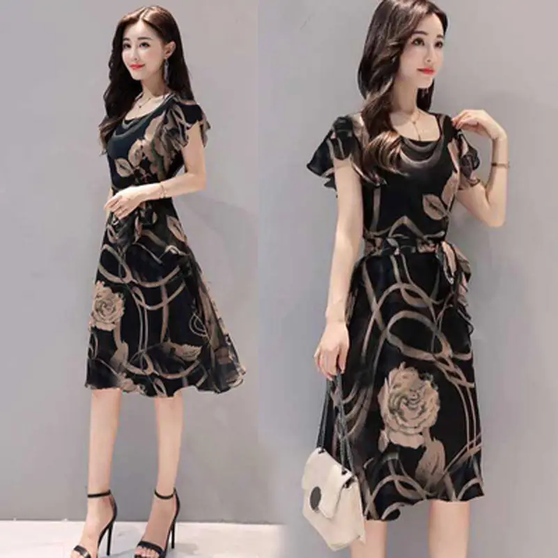 2019 Black Floral Slim Fit Midi Dress for Women - Image 4