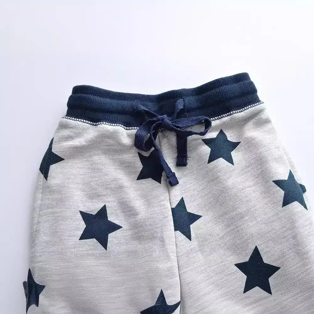 Boys Star Print Cotton Trousers Blue Drawstring