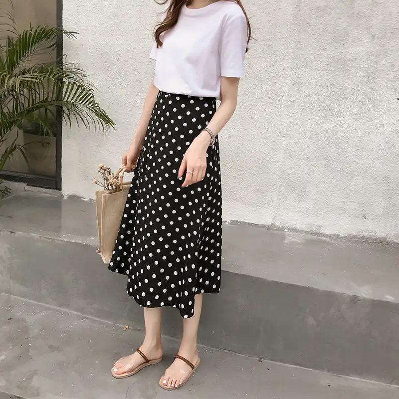 Women Polka Dot Chiffon Skirt Mid Length High Waist — feature 7