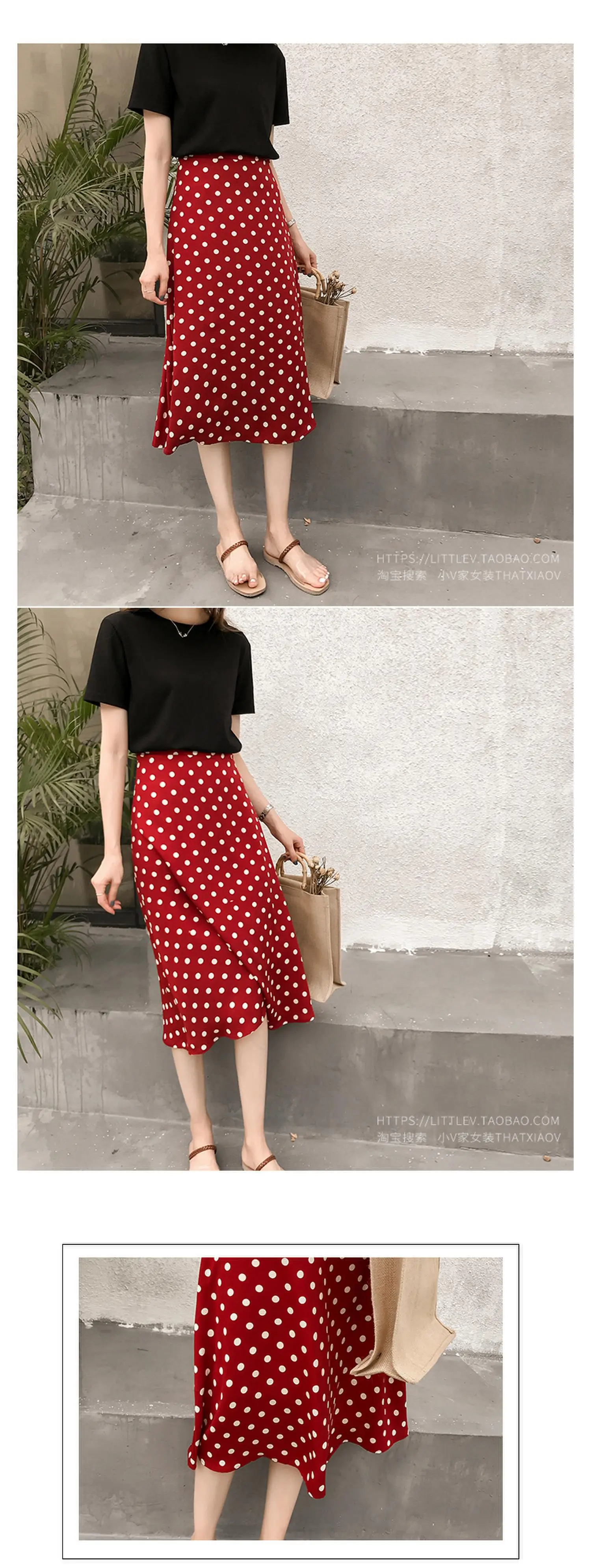Women Polka Dot Chiffon Skirt Mid Length High Waist — feature 8