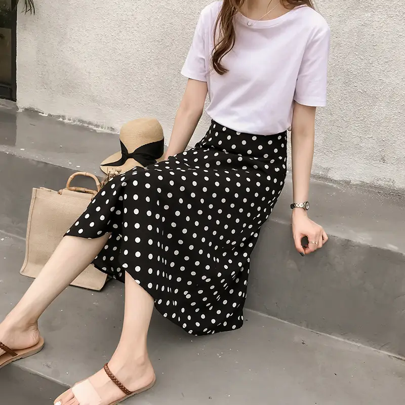 Women Polka Dot Chiffon Skirt Mid Length High Waist - Image 2