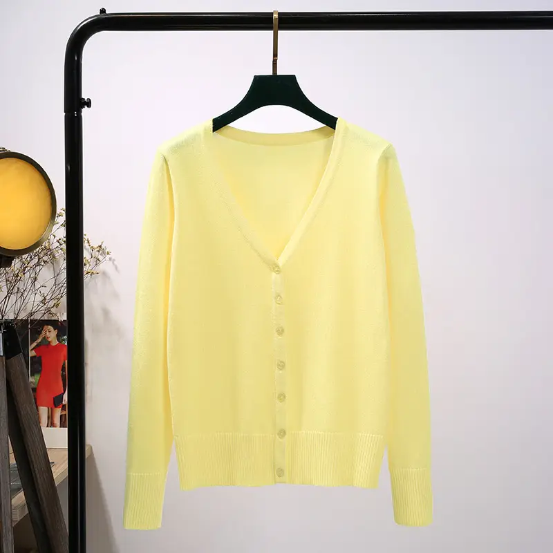 Women's Yellow V-Neck Cardigan Long Sleeve Coat