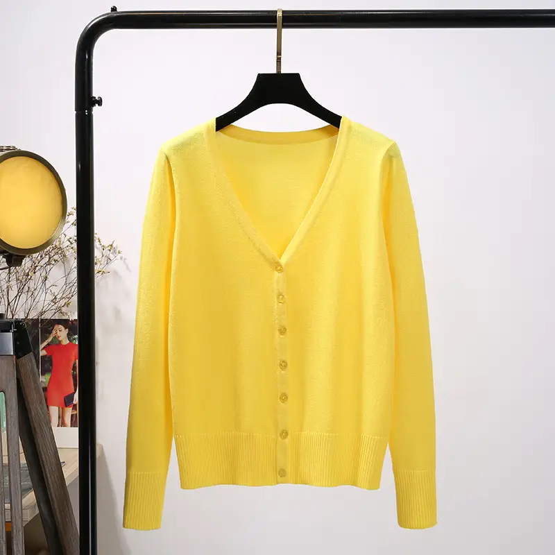 Women's Yellow V-Neck Cardigan Long Sleeve Coat