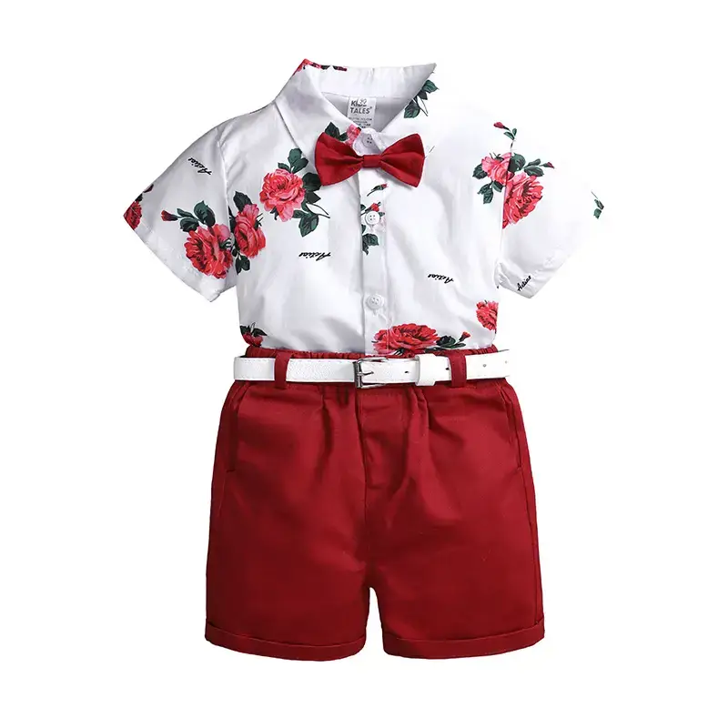 2026 Boys Printed Shirt with Bow Set White Red - Image 9
