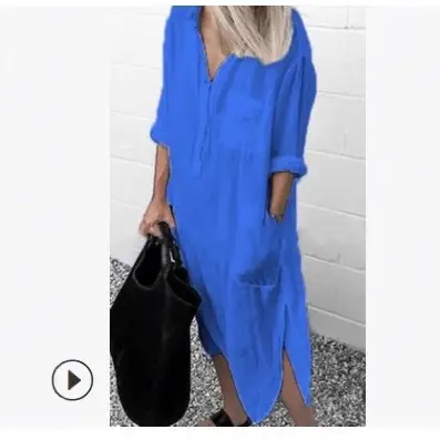 2022 Summer Slit Dress Pure Color Long Shirt Dress - Image 11