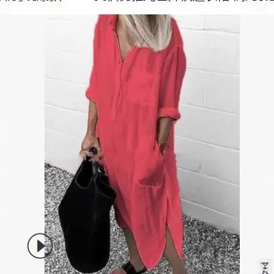2022 Summer Slit Dress Pure Color Long Shirt Dress - Image 12