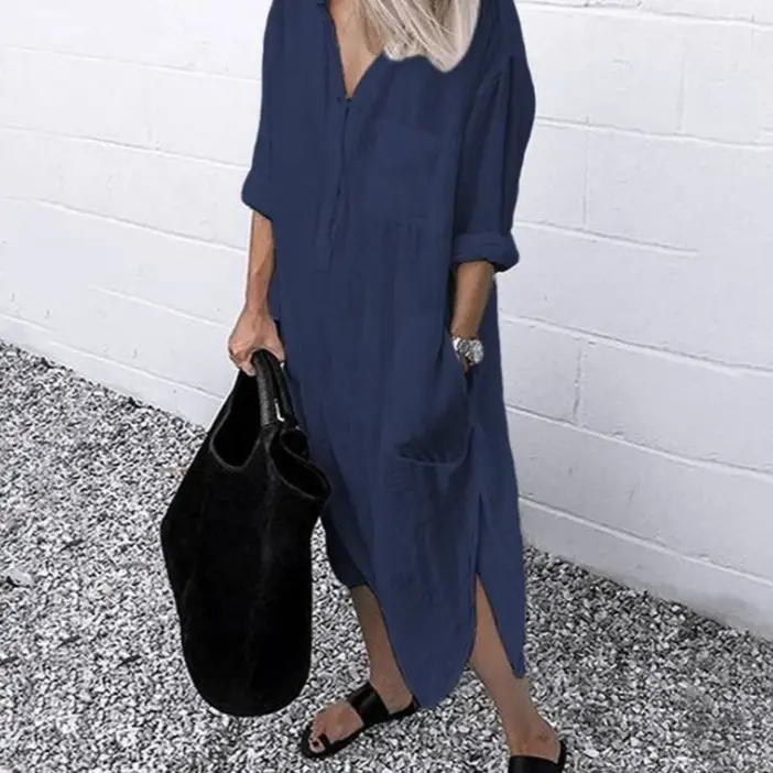 2022 Summer Slit Dress Pure Color Long Shirt Dress - Image 13