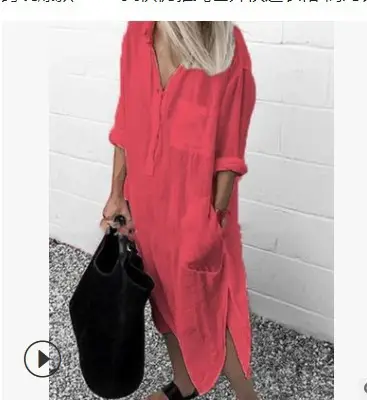 2022 Summer Slit Dress Pure Color Long Shirt Dress - Image 2