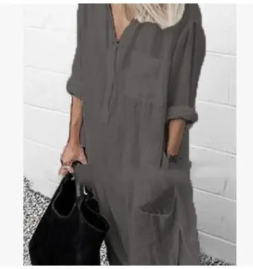 2022 Summer Slit Dress Pure Color Long Shirt Dress - Image 3