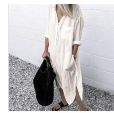 2022 Summer Slit Dress Pure Color Long Shirt Dress - Image 5