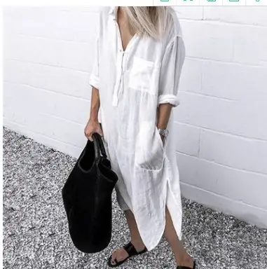 2022 Summer Slit Dress Pure Color Long Shirt Dress - Image 6