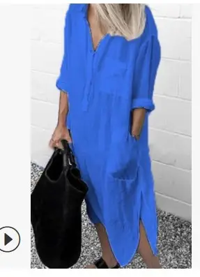 2022 Summer Slit Dress Pure Color Long Shirt Dress - Image 7