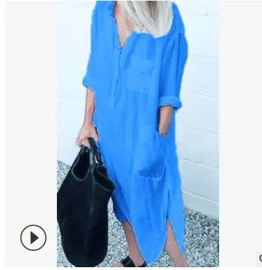 2022 Summer Slit Dress Pure Color Long Shirt Dress - Image 8
