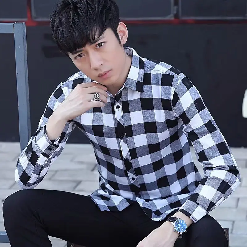 Men's Black White Plaid Long Sleeve Shirt - Image 3