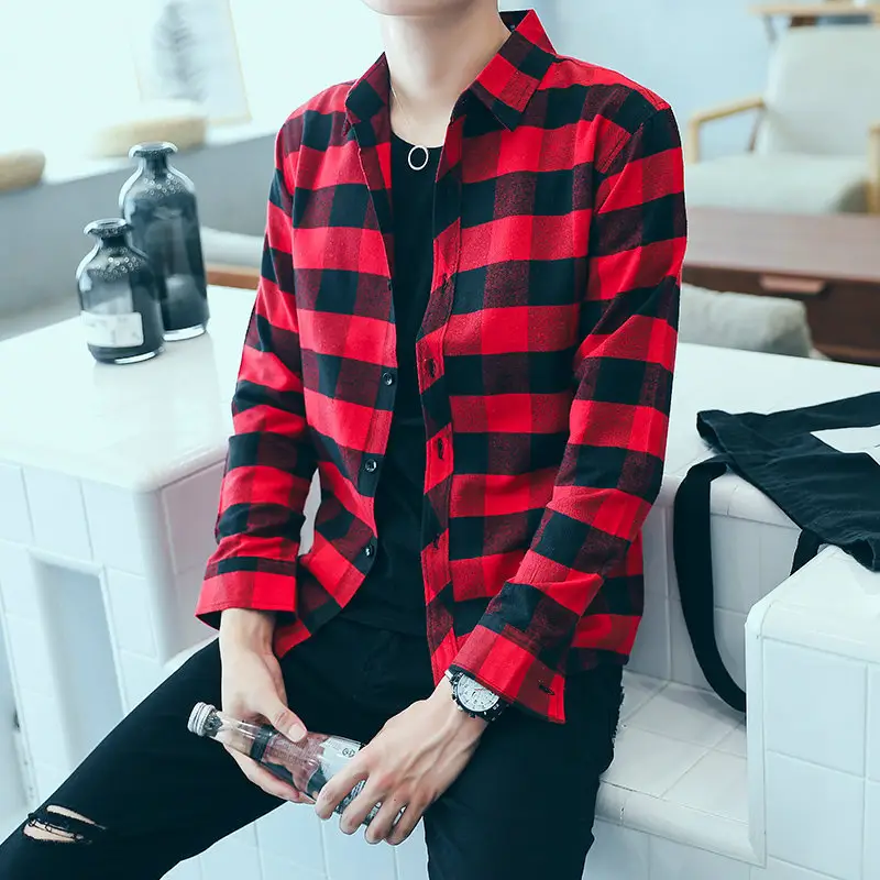 Men's Black White Plaid Long Sleeve Shirt - Image 4