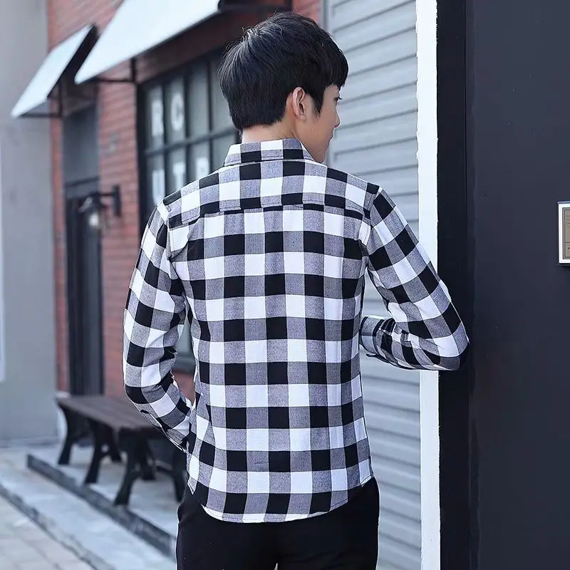 Men's Black White Plaid Long Sleeve Shirt - Image 5
