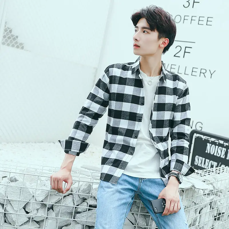 Men's Black White Plaid Long Sleeve Shirt - Image 2