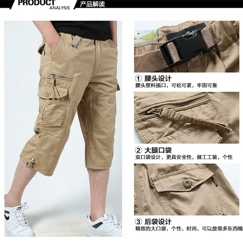 Men's Black Multi-Pocket Cropped Pants Pure Cotton - Image 5