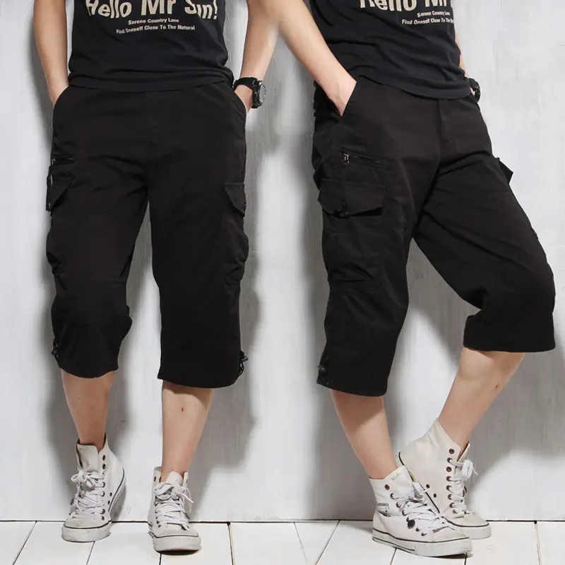 Men's Black Multi-Pocket Cropped Pants Pure Cotton - Image 8